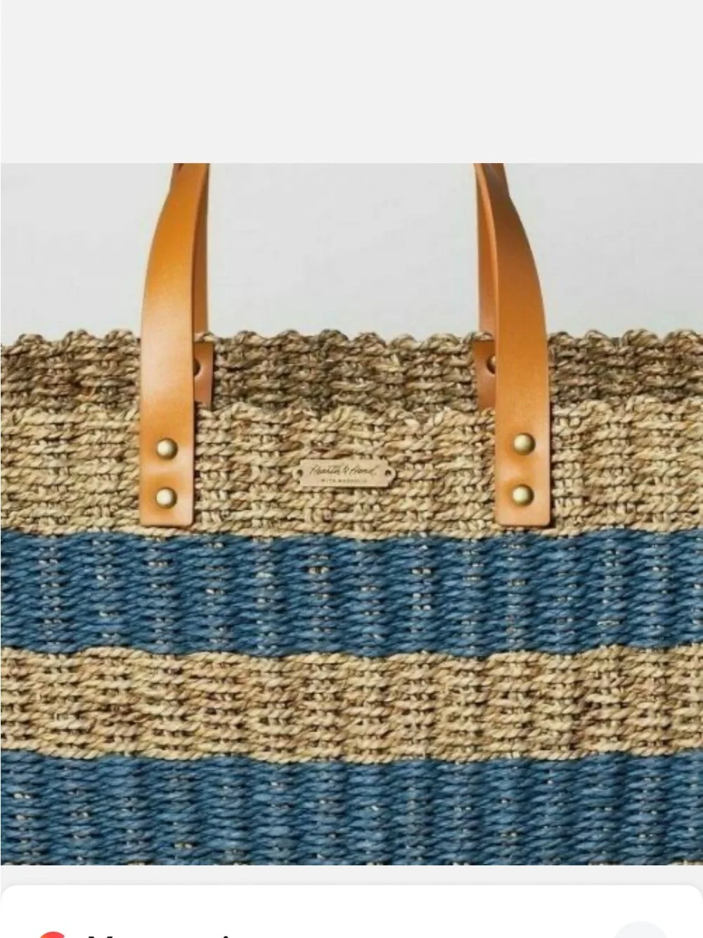 Hearth & Hand Woven Seagrass Summer Blue Striped Tote w/ Leather Handle